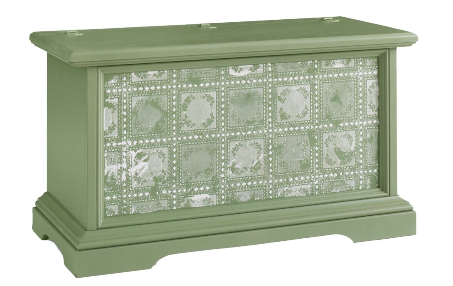 Cassapanca contenitore in legno verde con decoro a rilievo